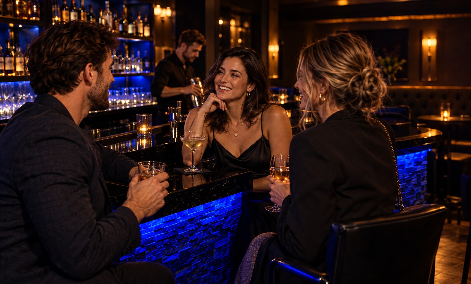 Freunde im Gespräch an einer stimmungsvoll beleuchteten Bar